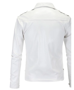 Rear view of a white slim fit faux leather motorcycle jacket featuring decorative epaulets
