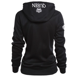 Back view of black King Queen hoodie with white crown print and minimalist logo