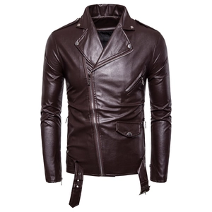 Detail of dark brown faux leather motorcycle jacket with metallic zipper and belt buckles
