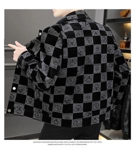 Detail view of sheepskin jacket featuring checkered print and star street style patterns
