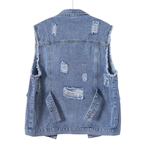 Gilet en jean bleu clair surdimensionné pour femme avec dos déchiré et strass