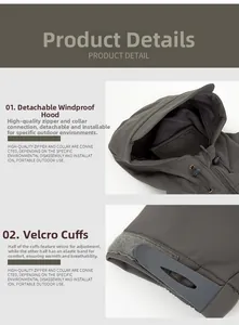 Detail view showing detachable windproof hood and adjustable velcro elastic cuffs on jacket