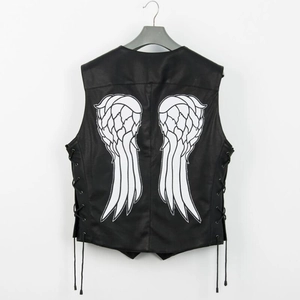 Men's black leather biker vest featuring white angel wing back print and lace-up sides