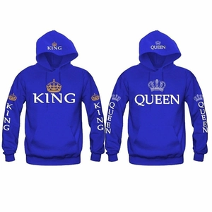 Detail of royal blue couple hoodies with white King and Queen crown prints on sleeves and hood