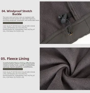 Detail of windproof drawstring hem and warm fleece lining on a dark grey tactical jacket