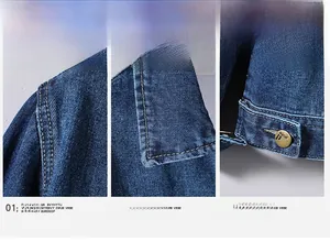 Détails des coutures, du col et des boutons en bronze de cette veste en jean bleu