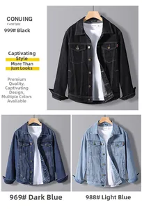 Détails de vestes en jean pour hommes en noir, bleu foncé et bleu clair avec poches