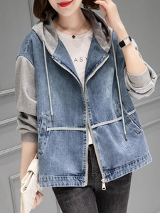 Veste en jean à capuche pour femme avec manches grises contrastées et fermeture éclair
