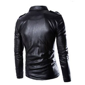 Slim fit black faux leather motorcycle jacket for men with epaulettes and zip cuffs