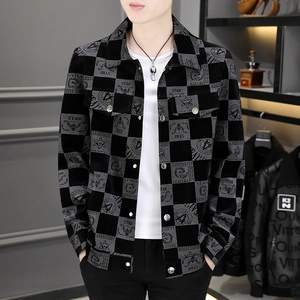 Men's fashion casual jacket with black grey checkerboard print and metallic buttons