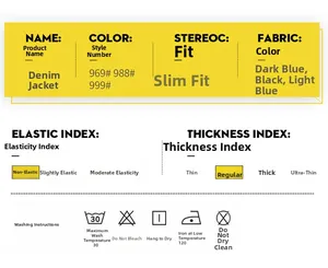 Tableau des tailles détaillé et conseils de lavage pour vestes en jean slim multicolores