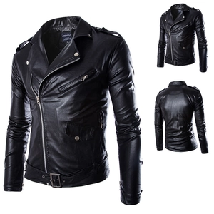 Men's black PU leather motorcycle jacket with asymmetric zipper and waist belt