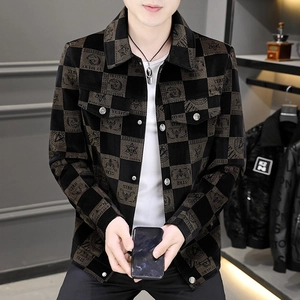 Men's casual jacket with black-brown checkerboard print and star motifs, 2024 trendy style