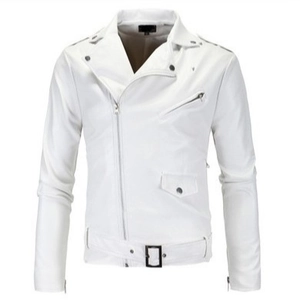 Slim fit men's white faux leather biker jacket with asymmetric zipper and lapel details