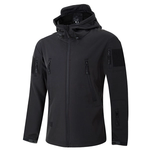 Men's black tactical softshell jacket with waterproof hood and functional multi-pockets