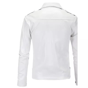 Slim fit white faux leather motorcycle jacket for men with shoulder epaulets back view