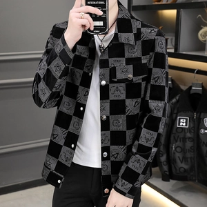 Men's trendy black and gray checkered jacket with star patterns and stylish lapel collar