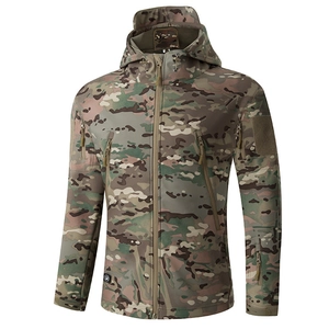 Multicam tactical softshell jacket with windproof hood and multiple utility pockets