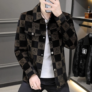 Men's stylish checkered casual jacket with lapel collar and trendy logo design patterns