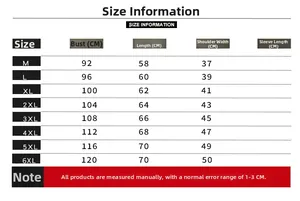 Size chart for grey embroidered denim vest showing chest, length, and shoulder measures