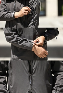 Detailed views of tactical softshell jacket sleeve pockets, velcro cuffs, and sealed zippers