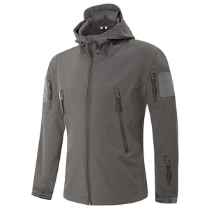 Men's dark grey tactical shark skin softshell hooded jacket with multi-pocket design