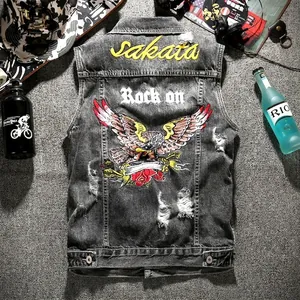 Men's Retro Ripped Denim Vest Washed Grey Embroidered Eagle Rose Rock Streetwear Sleeveless Jacket Slim Fit Cotton Waistcoat