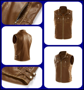 Detail view of washed vintage punk leather vest with metal buckles and chest pockets