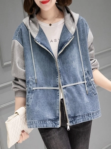 Veste en jean à capuche pour femme avec manches contrastées grises et fermeture éclair