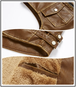 Detail of brown faux leather vest with snap pockets and warm sherpa fleece lining