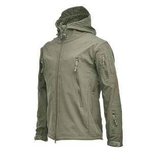 Tactical shark skin softshell hooded jacket in olive green with waterproof zippers