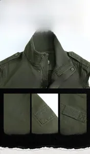 Détails de la veste vert militaire avec col en maille côtelée et broderie fashion