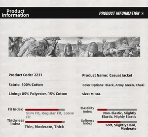 Tableau des tailles et détails du tissu pour veste militaire en coton avec coloris