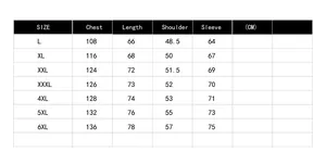Size chart table for men's cotton jacket with measurements from L to 6XL in centimeters