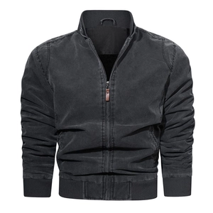 Detailed front view of a dark grey washed cotton bomber jacket with ribbed cuffs