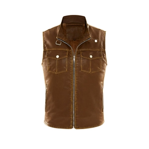 Men's vintage dark brown washed PU leather vest with stand collar and warm fleece lining