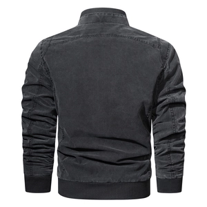 Rear view of a men's washed cotton jacket in dark grey with ribbed collar and hem
