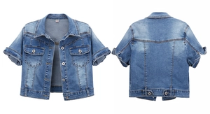 Detail of short-sleeved denim bolero showing front and back views with S size tag