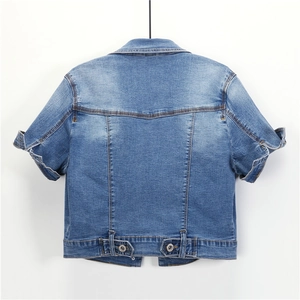 Women's cropped short-sleeve denim jacket in washed blue with back buckle detail