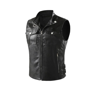 Men's vintage washed biker leather vest with standing collar and metal zipper pockets