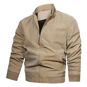 Men's khaki stand collar cotton jacket with ribbed cuffs and warm lining