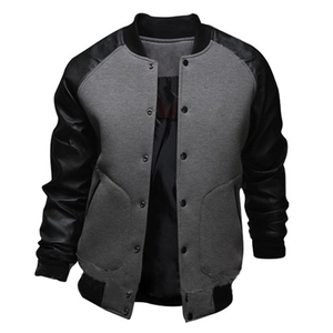 Classic men's varsity jacket with grey body and black leather sleeves in a front view