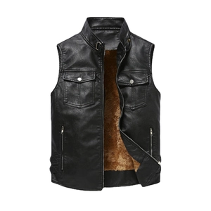 Men's vintage washed black faux leather vest with warm brown fleece lining and stand collar