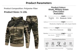 Detailed size chart and fabric specs for men's camouflage hoodie and jogger sports set
