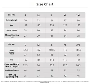 Detailed size chart for men camouflage tracksuit showing length, chest, and waist dimensions