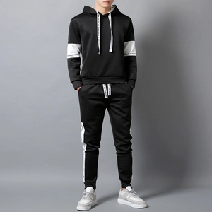 Detail of men's hooded tracksuit showing white splicing and decorative lettered drawstrings