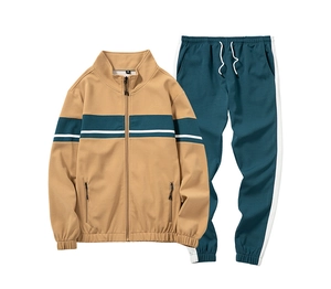 Detailed view of the khaki and dark green color-block tracksuit with drawstring details