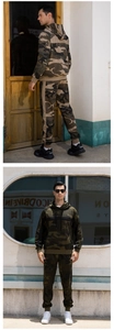 Detail view of men's camouflage tracksuit featuring hooded sweatshirt and joggers