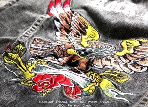 Slim fit grey denim vest for men featuring intricate eagle and rose embroidery detail