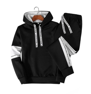 Men's casual black hooded tracksuit with white contrast side stripes and lettering